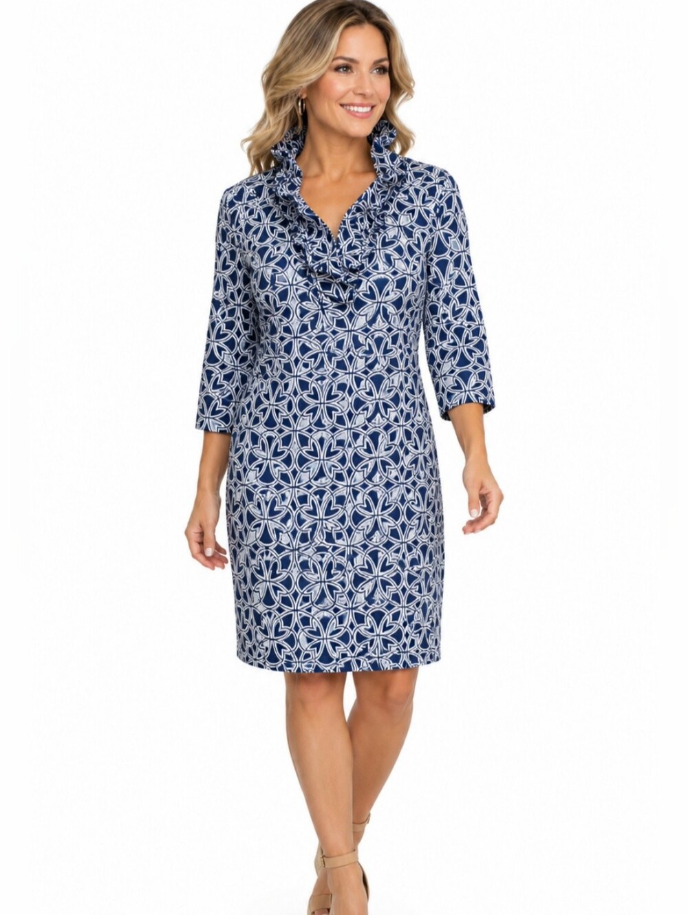 Gretchen Scott Ruffneck Dress Large Navy White Geometric Ruffle Neck 3/4 Sleeve